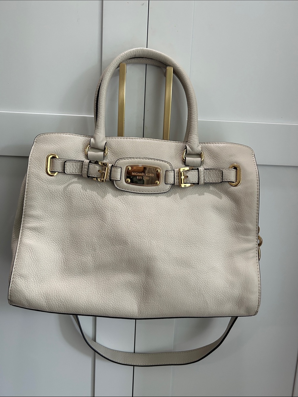 Michael Kors Beige Leather Satchel with Gold Hardware